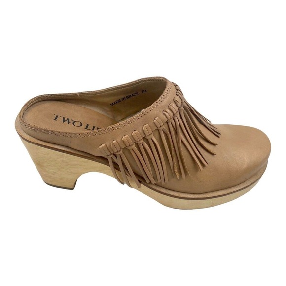 Two Lips Sylvia Leather Fringed Mules Wood Clogs Slip On Shoes Chunky Heel 8M - Picture 9 of 11